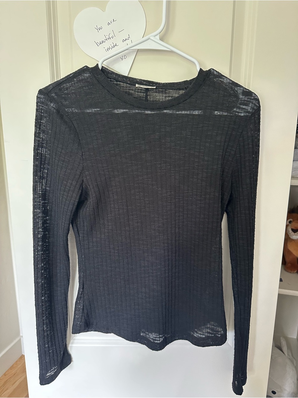 Free People Black Semi-Sheer Ribbed Long-Sleeve Top